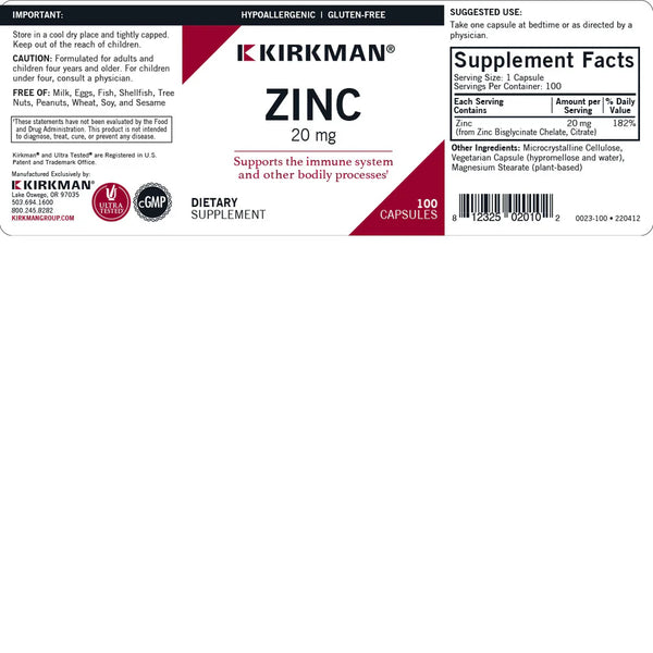 Zinc Citrate 20mg 100 capsules by Kirkman