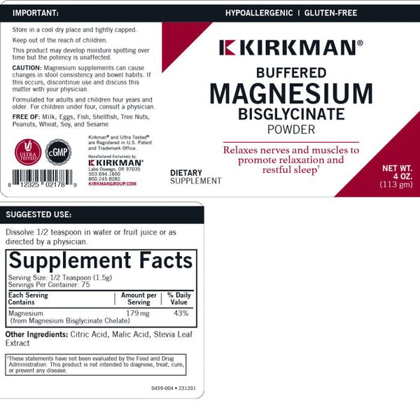 Magnesium BisGlycinate (Buffered) 4oz Powder by Kirkman