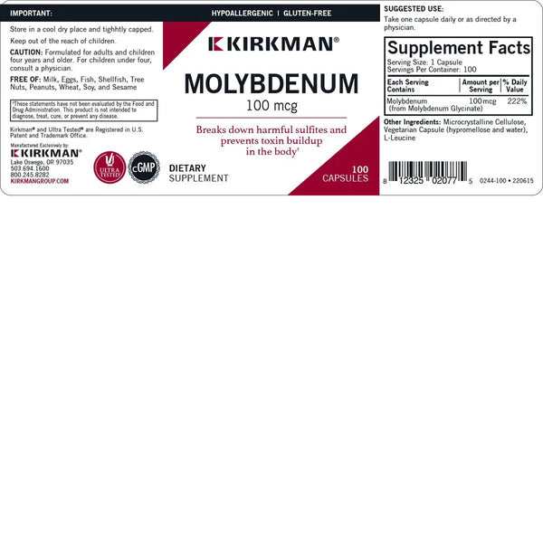 Molybdenum 100mcg 100 Capsules by Kirkman