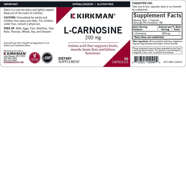 L-Carnosine 200mg 90 Capsules by Kirkman