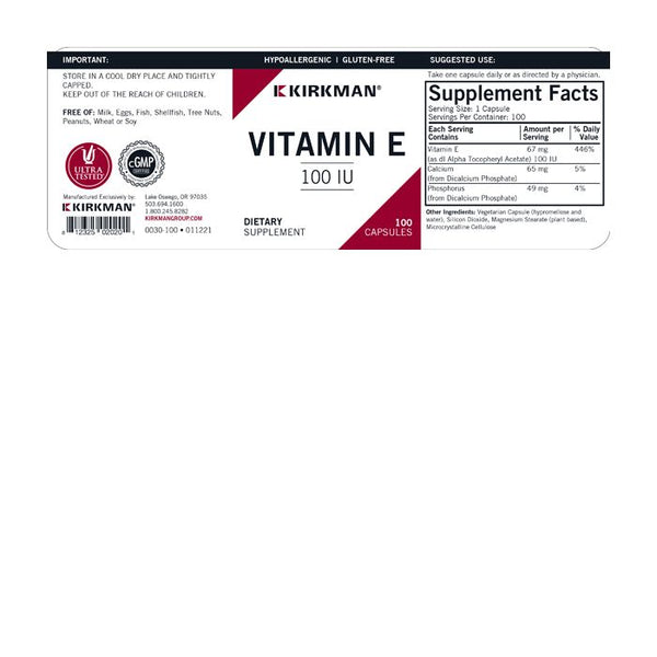 Vitamin E 100mg 100 Hypoallergenic Capsules by Kirkman