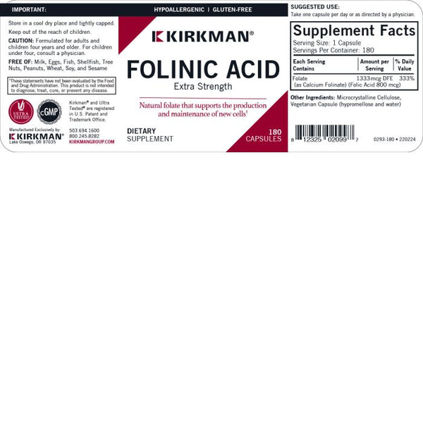 Folinic Acid 800mcg 180 Capsules by Kirkman