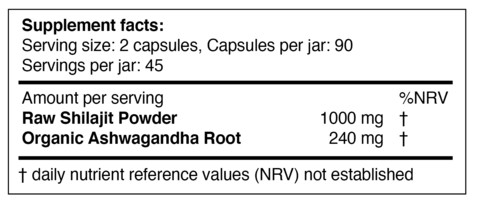 Ayurvedic Shilajit + Organic Ashwagandha Root 90 Vegan Capsules